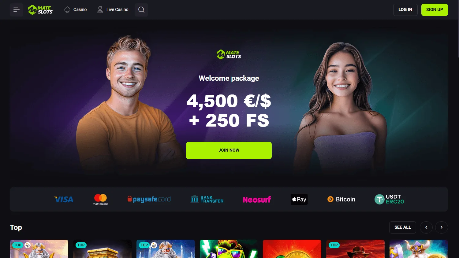 Mateslots Casino desktop game lobby with casino categories and game tiles