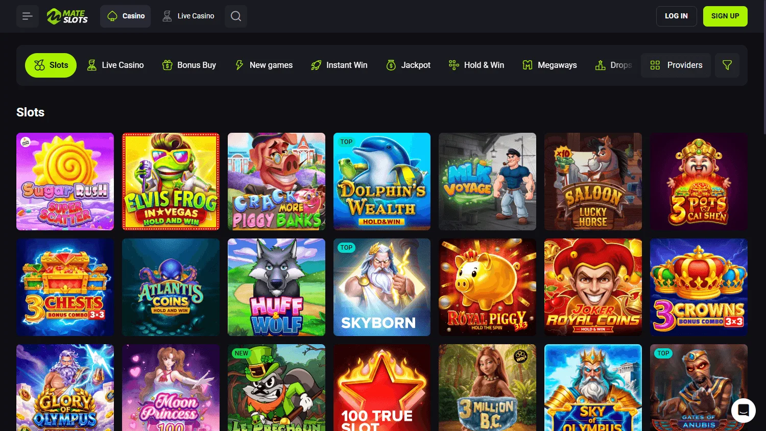 Mateslots Casino desktop live casino lobby with table game options
