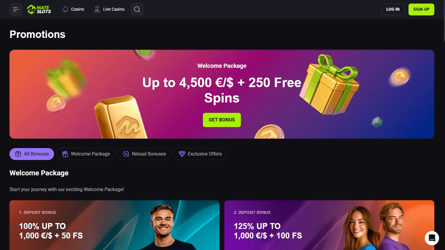 Mateslots Casino desktop promotions area with deposit offers and Free Spins promotions