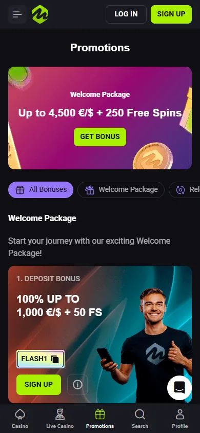 Mateslots Casino mobile promotions area with bonus and Free Spins offers